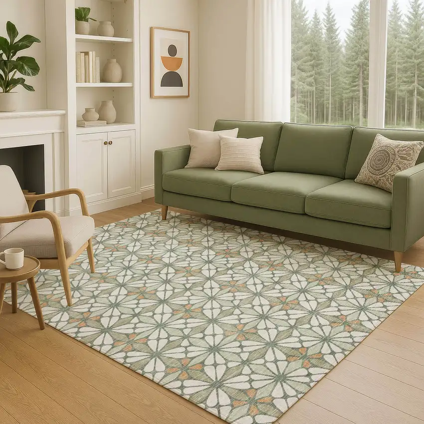 Linen And Beige Geometric Washable Indoor Outdoor Area Rug Photo 5