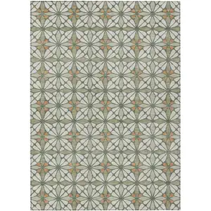 Photo of Linen And Beige Geometric Washable Indoor Outdoor Area Rug