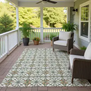 Photo of Linen And Beige Geometric Washable Indoor Outdoor Area Rug