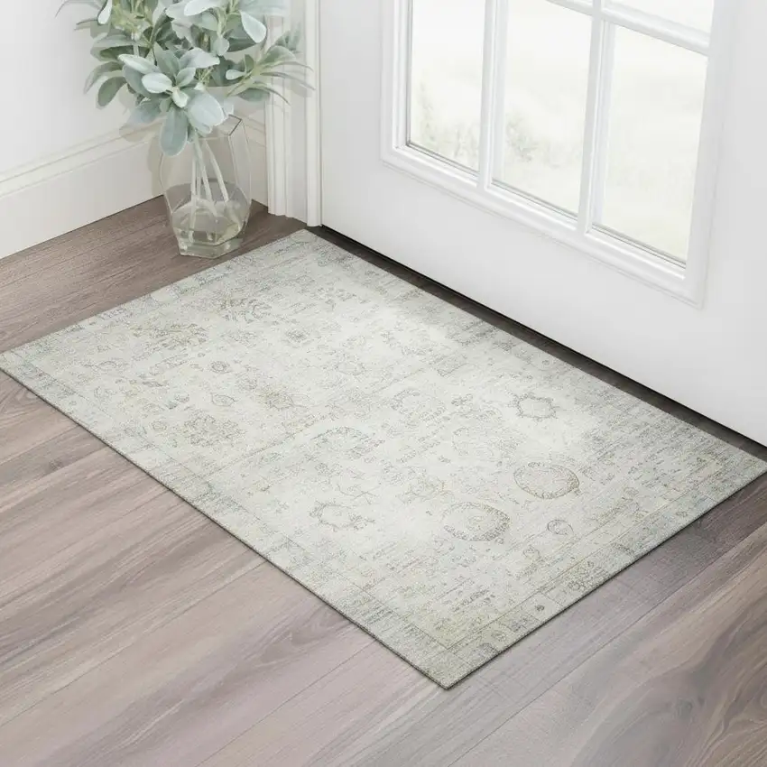 Linen And Beige Oriental Washable Area Rug With UV Protection Photo 2