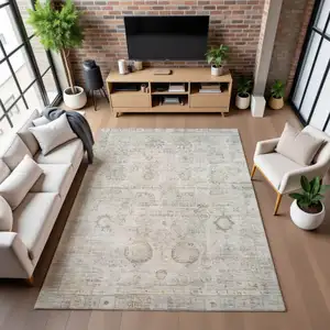 Photo of Linen And Beige Oriental Washable Area Rug With UV Protection