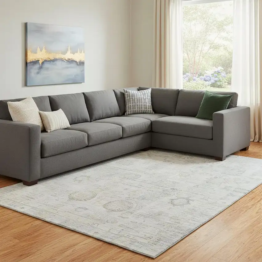 Linen And Beige Oriental Washable Area Rug With UV Protection Photo 2