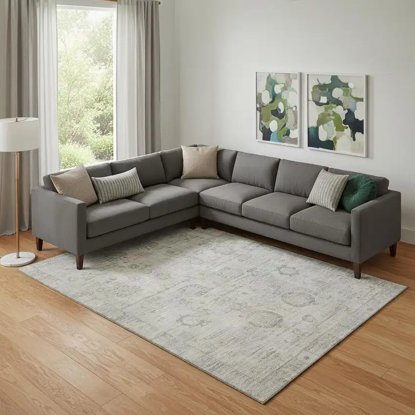 Linen And Beige Oriental Washable Area Rug With UV Protection Photo 2