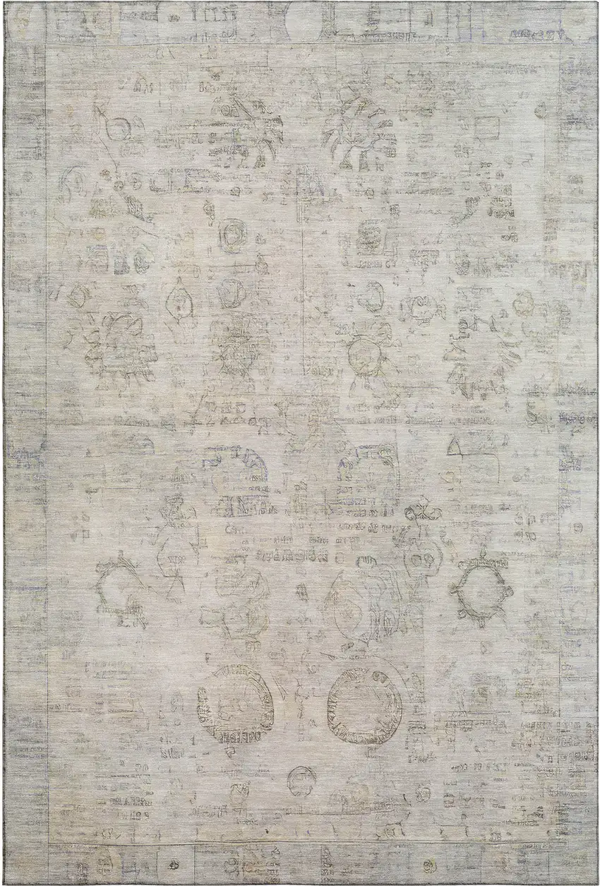 Linen And Beige Oriental Washable Area Rug With UV Protection Photo 1