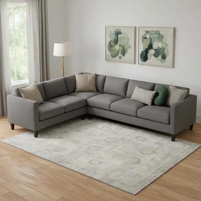 Linen And Beige Oriental Washable Area Rug With UV Protection Photo 2