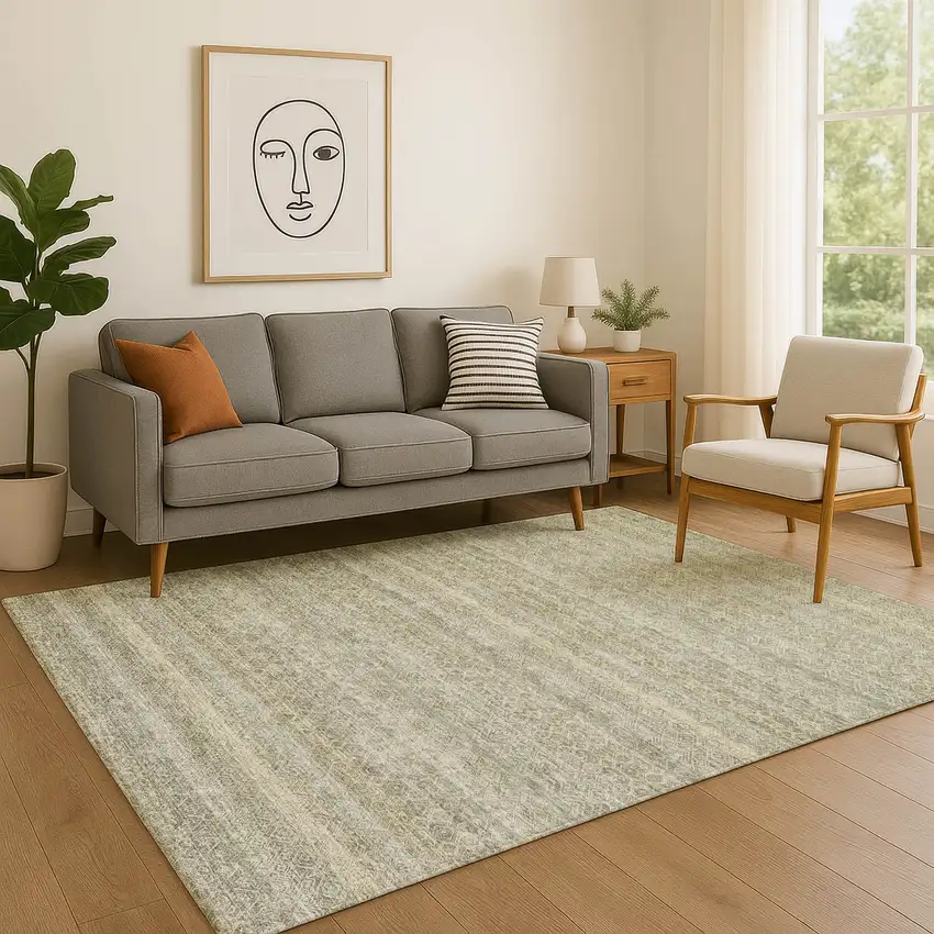 Linen And Beige Striped Washable Area Rug With UV Protection Photo 3