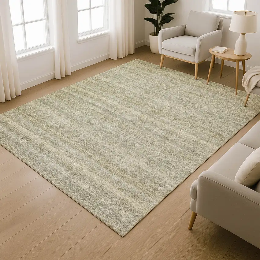 Linen And Beige Striped Washable Area Rug With UV Protection Photo 5