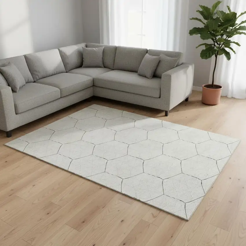 Linen And Black Geometric Washable Area Rug With UV Protection Photo 2