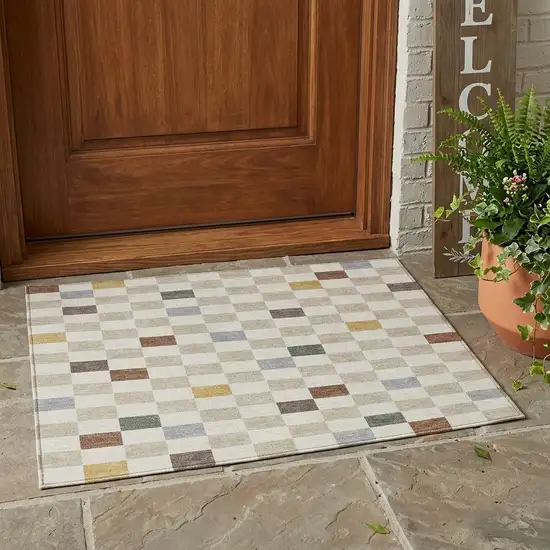 Linen And Black Geometric Washable Indoor Outdoor Area Rug Photo 1