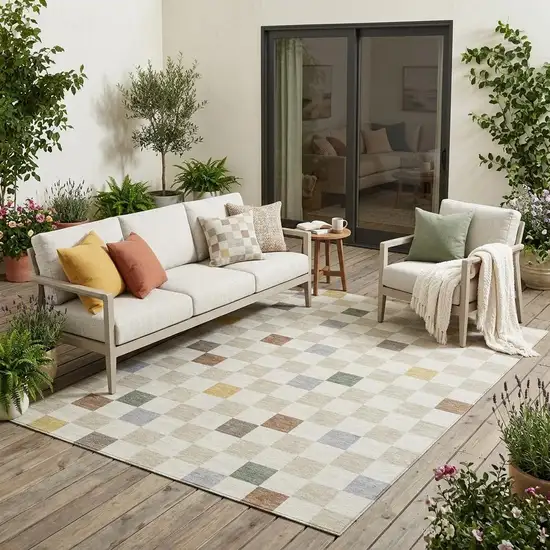 Linen And Black Geometric Washable Indoor Outdoor Area Rug Photo 1