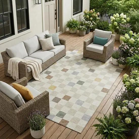 Linen And Black Geometric Washable Indoor Outdoor Area Rug Photo 1