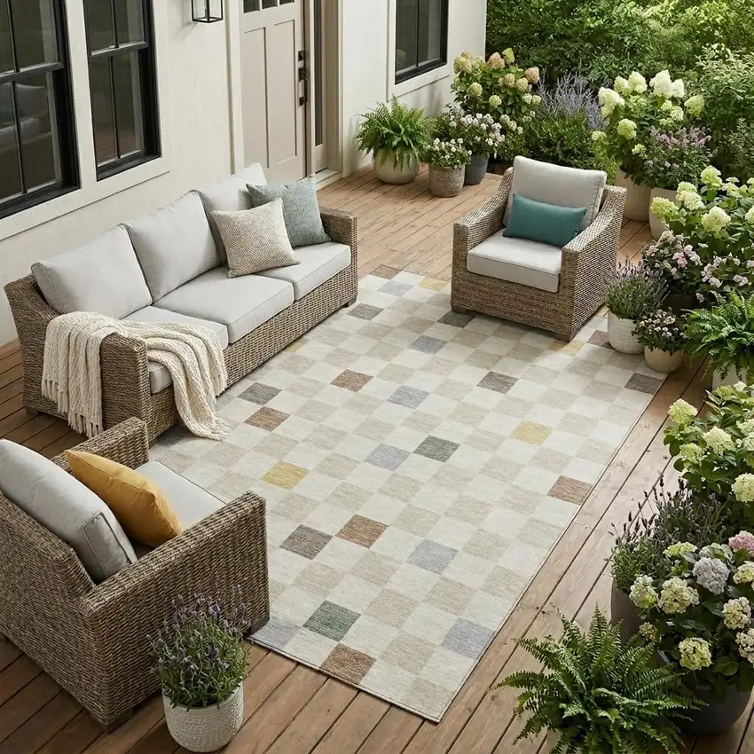 Linen And Black Geometric Washable Indoor Outdoor Area Rug Photo 1