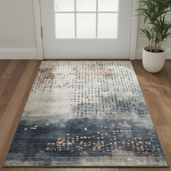 Linen And Blue Geometric Washable Area Rug With UV Protection Photo 2