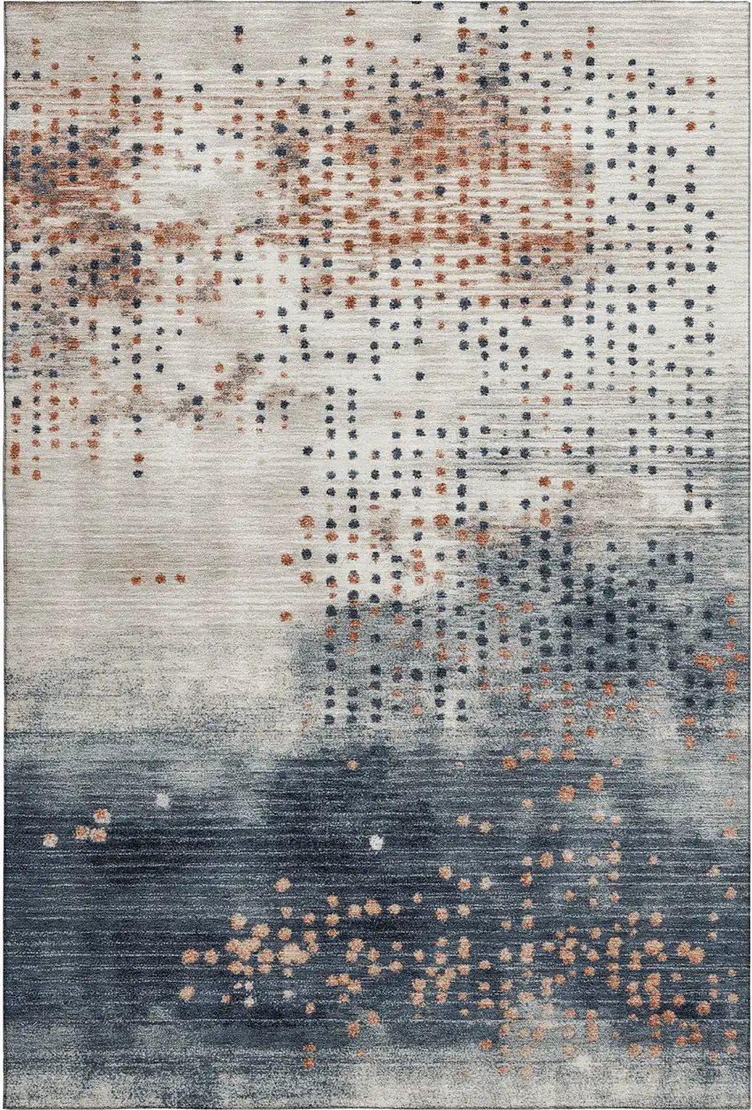 Linen And Blue Geometric Washable Area Rug With UV Protection Photo 1