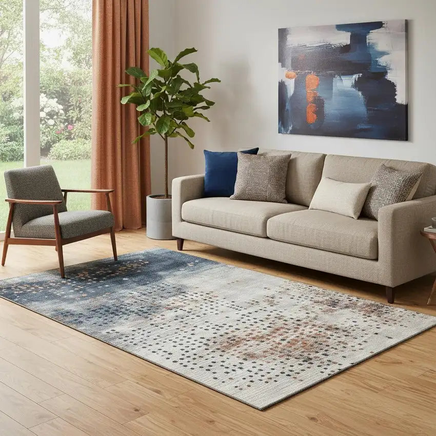 Linen And Blue Geometric Washable Area Rug With UV Protection Photo 2