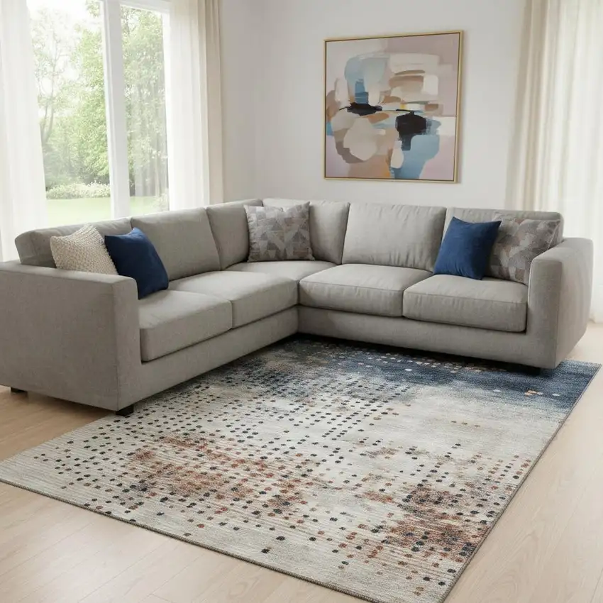 Linen And Blue Geometric Washable Area Rug With UV Protection Photo 2