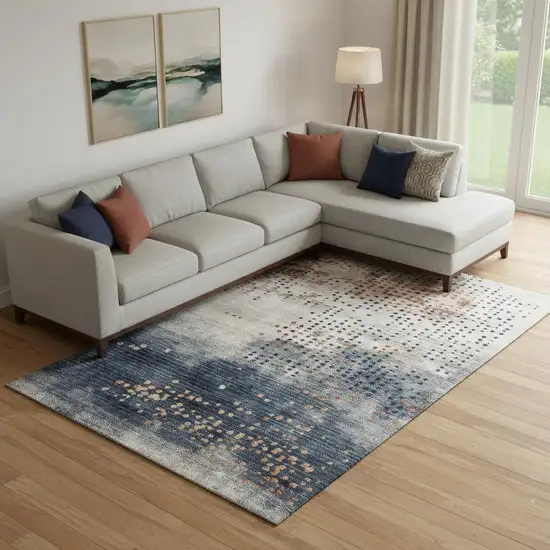 Linen And Blue Geometric Washable Area Rug With UV Protection Photo 2