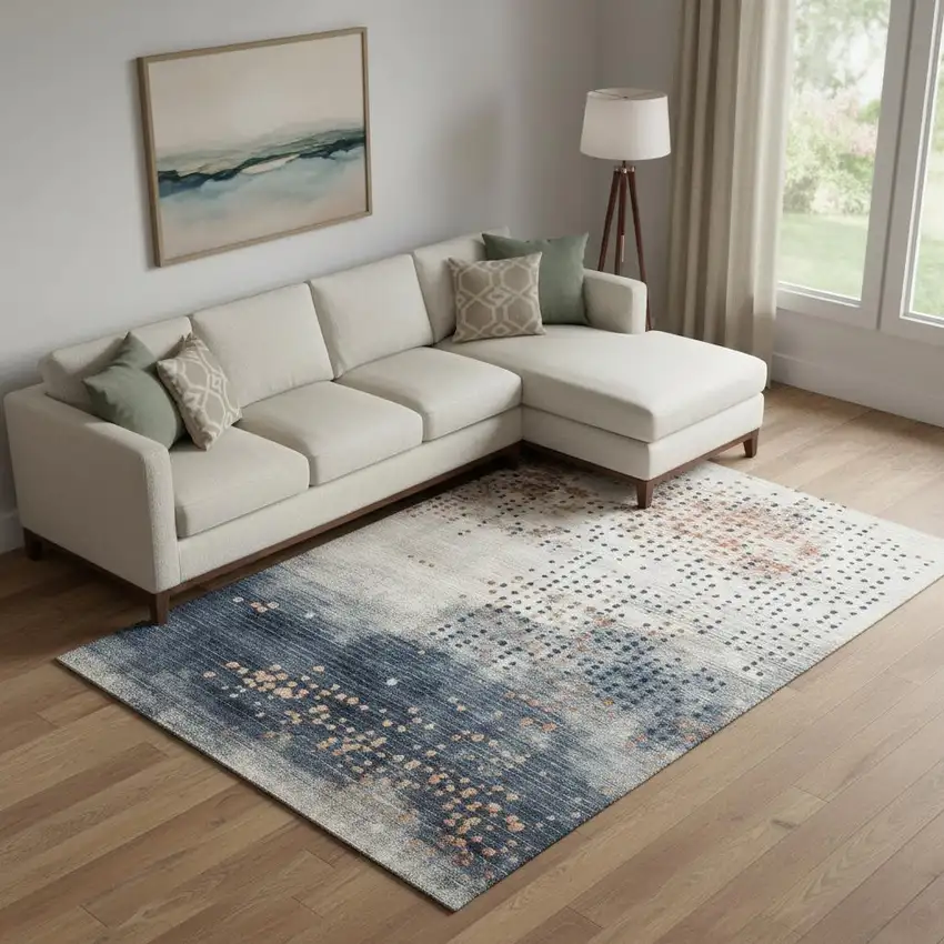 Linen And Blue Geometric Washable Area Rug With UV Protection Photo 2