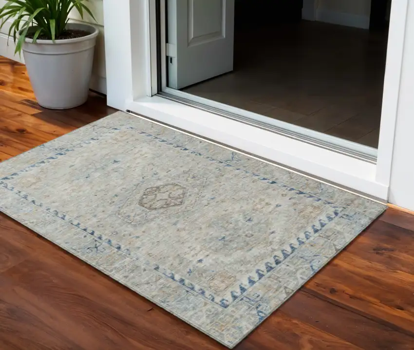 Linen And Blue Medallion Washable Indoor Outdoor Area Rug Photo 1