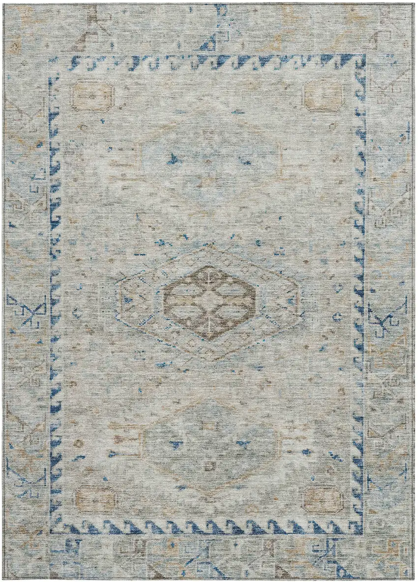 Linen And Blue Medallion Washable Indoor Outdoor Area Rug Photo 3