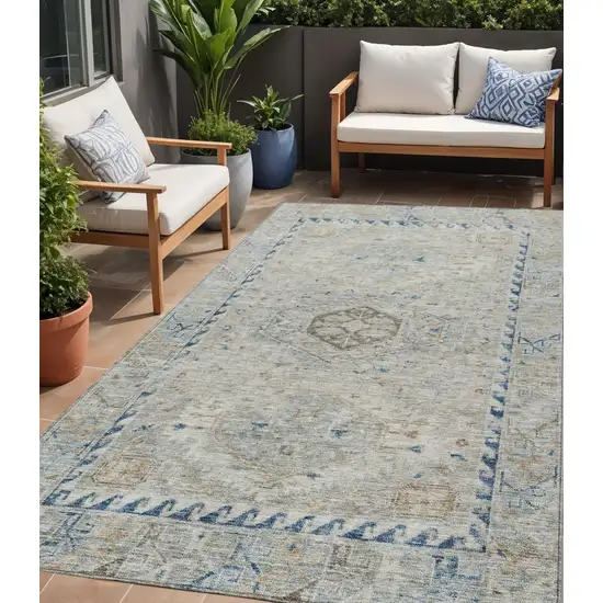 Linen And Blue Medallion Washable Indoor Outdoor Area Rug Photo 1