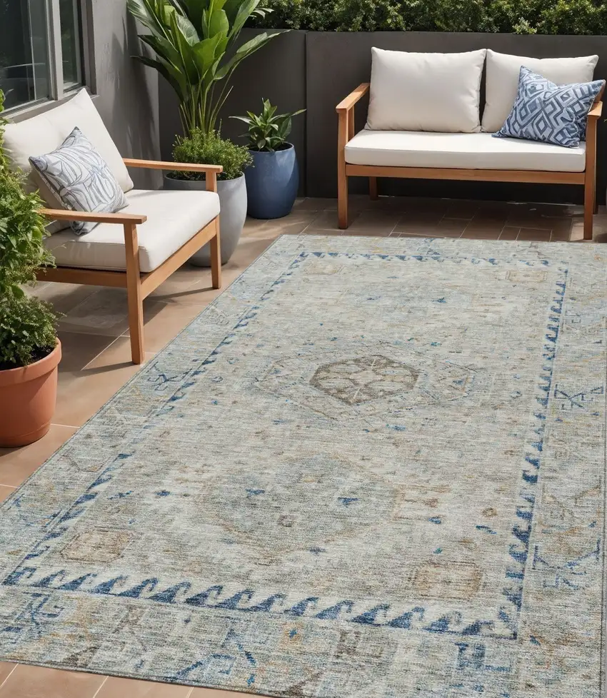 Linen And Blue Medallion Washable Indoor Outdoor Area Rug Photo 1
