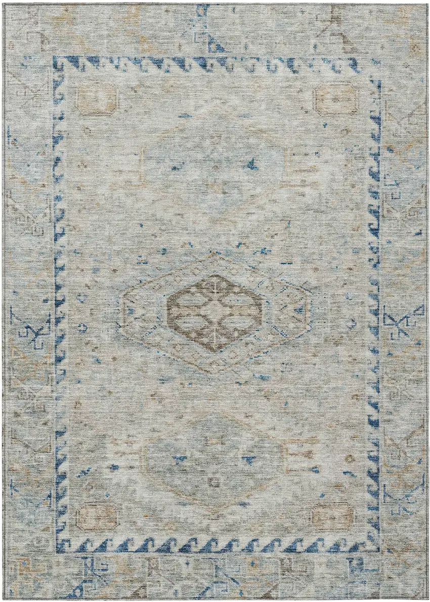 Linen And Blue Medallion Washable Indoor Outdoor Area Rug Photo 1