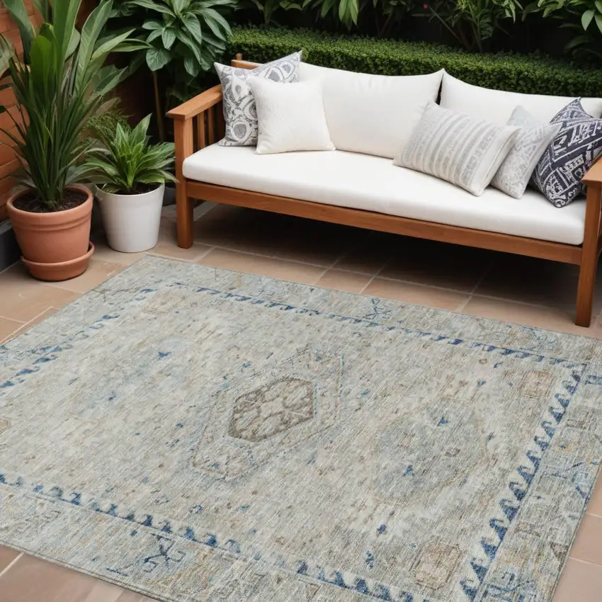 Linen And Blue Medallion Washable Indoor Outdoor Area Rug Photo 1
