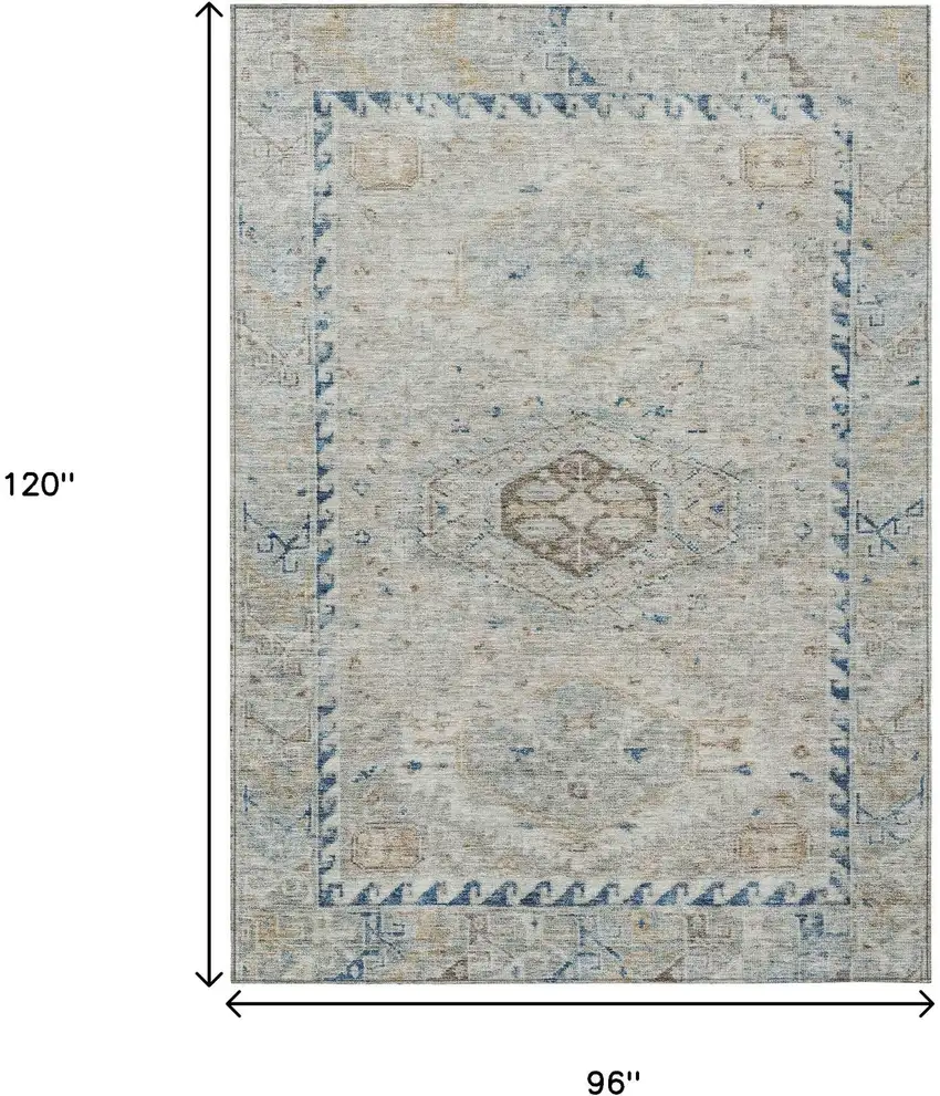 Linen And Blue Medallion Washable Indoor Outdoor Area Rug Photo 3