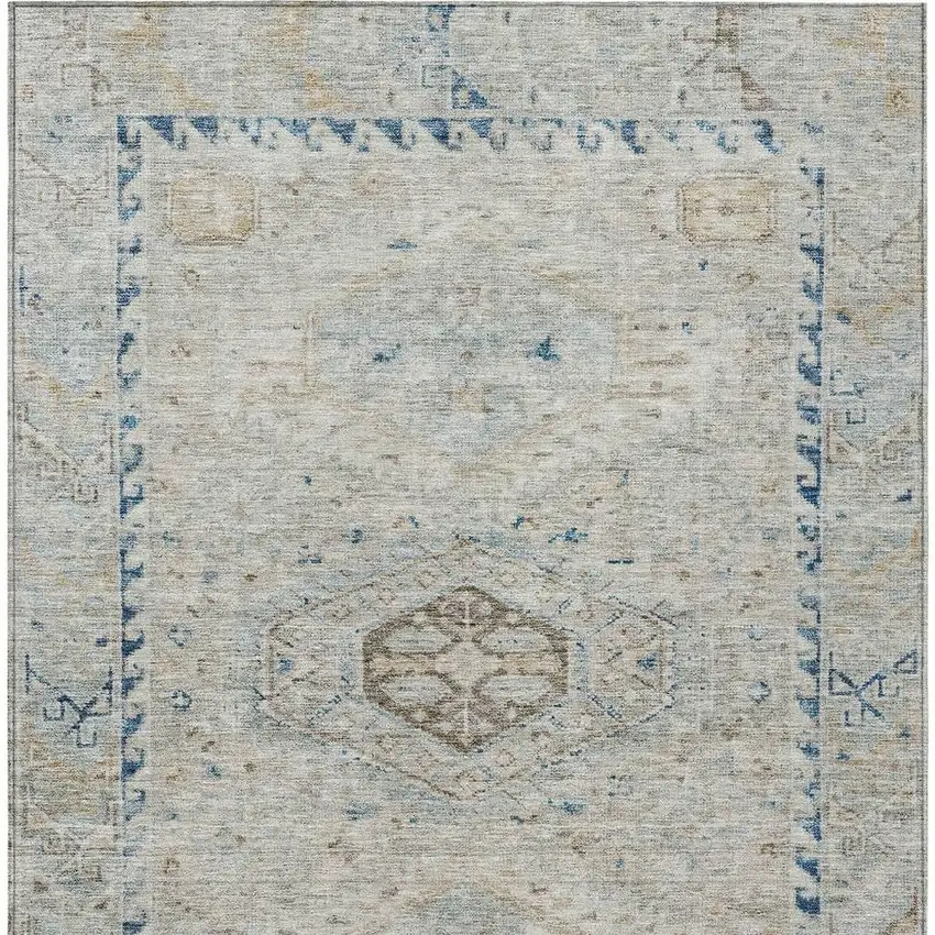 Linen And Blue Medallion Washable Indoor Outdoor Area Rug Photo 3