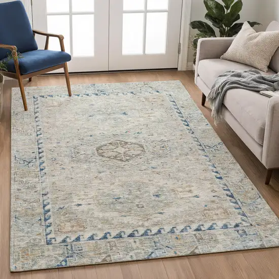 Linen And Blue Medallion Washable Indoor Outdoor Area Rug Photo 5