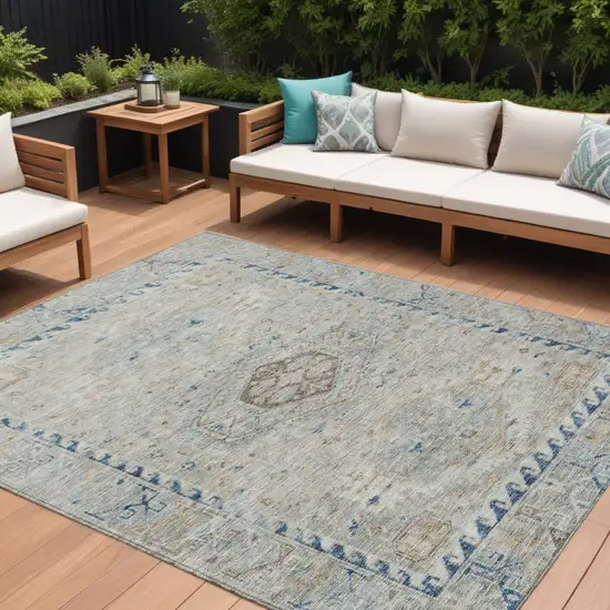 Linen And Blue Medallion Washable Indoor Outdoor Area Rug Photo 1