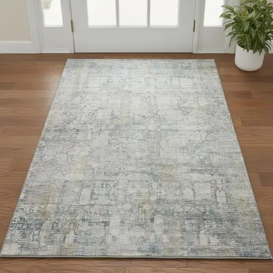 Linen And Blue Oriental Washable Area Rug With UV Protection Photo 2