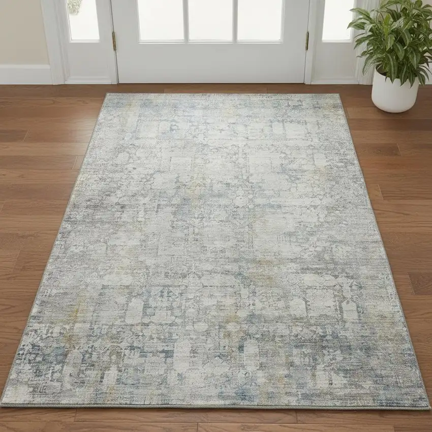 Linen And Blue Oriental Washable Area Rug With UV Protection Photo 2