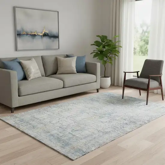 Linen And Blue Oriental Washable Area Rug With UV Protection Photo 2