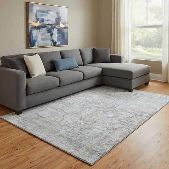 Linen And Blue Oriental Washable Area Rug With UV Protection Photo 2