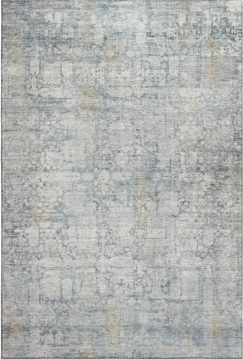 Linen And Blue Oriental Washable Area Rug With UV Protection Photo 1