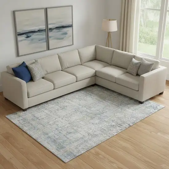 Linen And Blue Oriental Washable Area Rug With UV Protection Photo 2