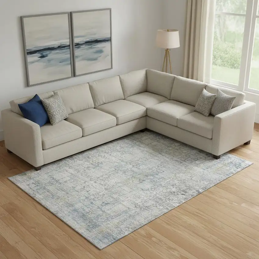 Linen And Blue Oriental Washable Area Rug With UV Protection Photo 2