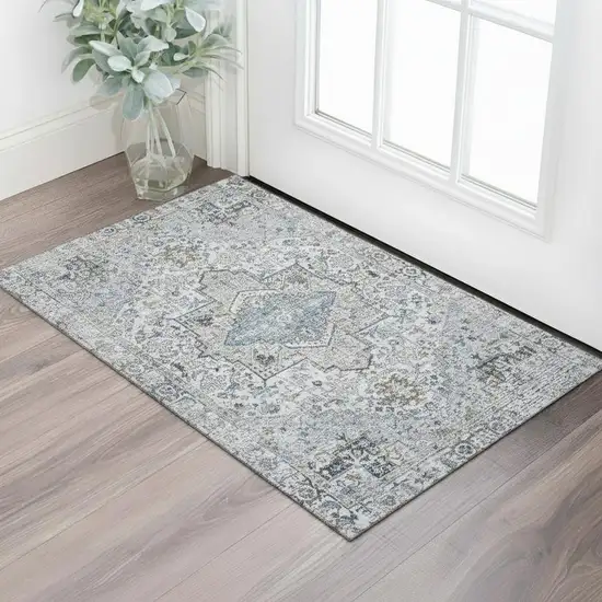 Linen And Blue Oriental Washable Area Rug With UV Protection Photo 2