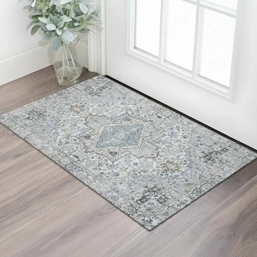Linen And Blue Oriental Washable Area Rug With UV Protection Photo 2