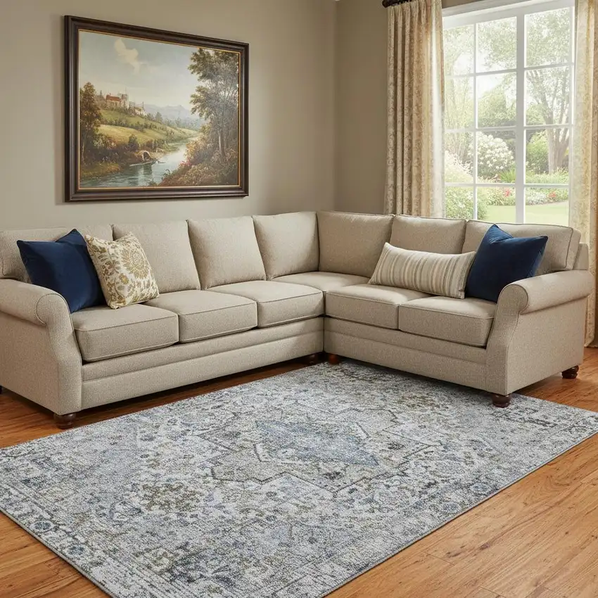 Linen And Blue Oriental Washable Area Rug With UV Protection Photo 2