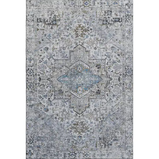 Linen And Blue Oriental Washable Area Rug With UV Protection Photo 1