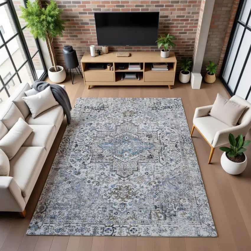 Linen And Blue Oriental Washable Area Rug With UV Protection Photo 5