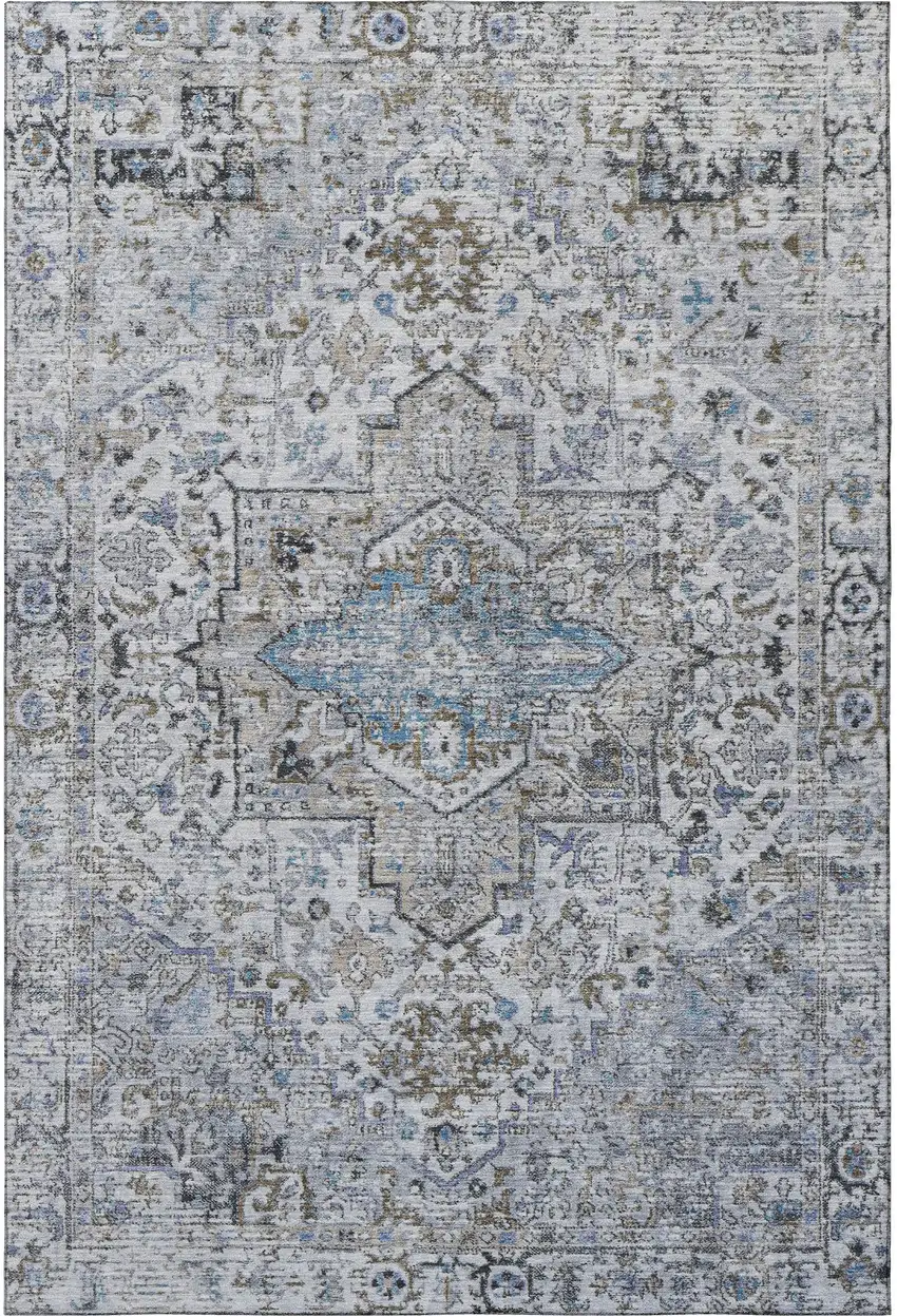 Linen And Blue Oriental Washable Area Rug With UV Protection Photo 3