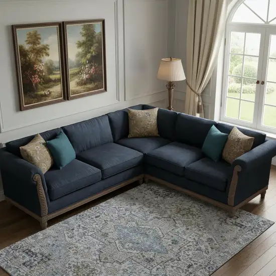 Linen And Blue Oriental Washable Area Rug With UV Protection Photo 2