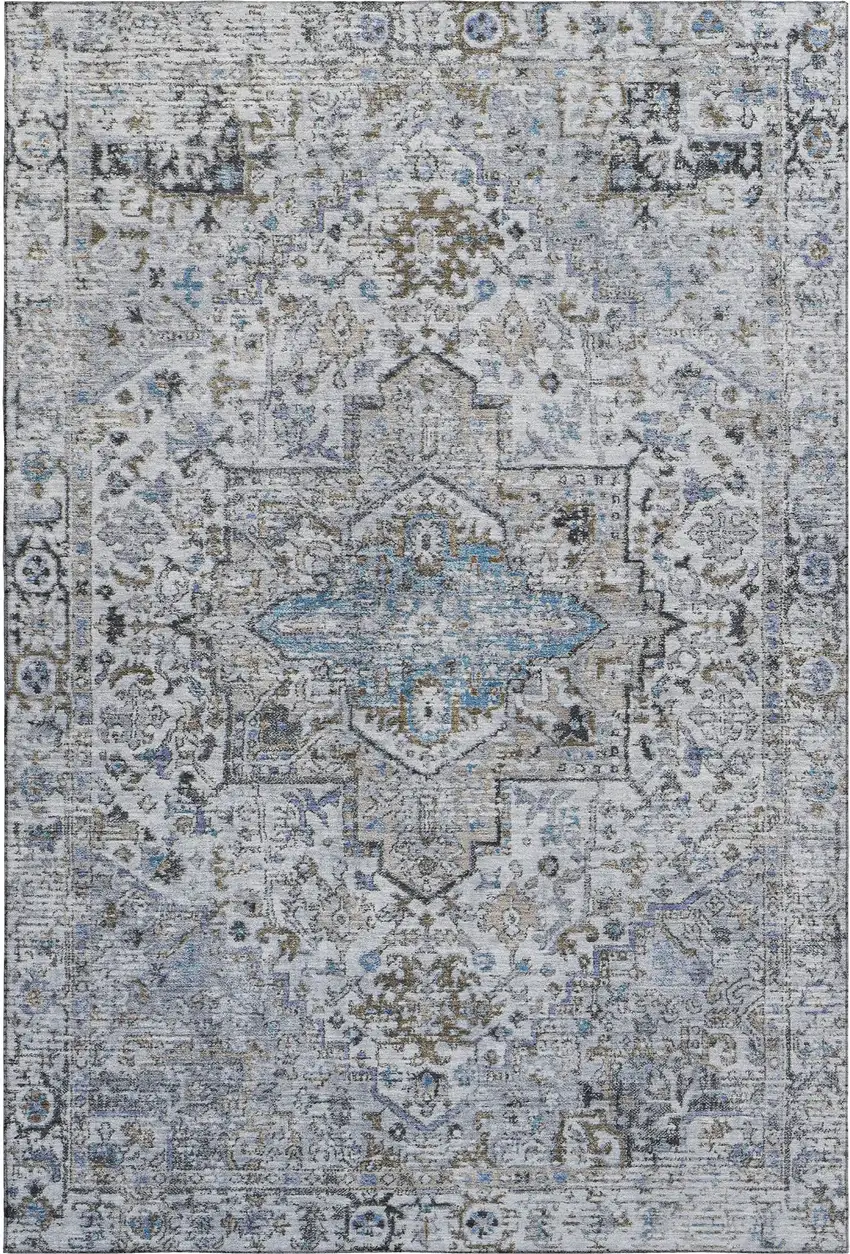 Linen And Blue Oriental Washable Area Rug With UV Protection Photo 1