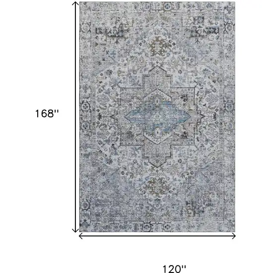 Linen And Blue Oriental Washable Area Rug With UV Protection Photo 9