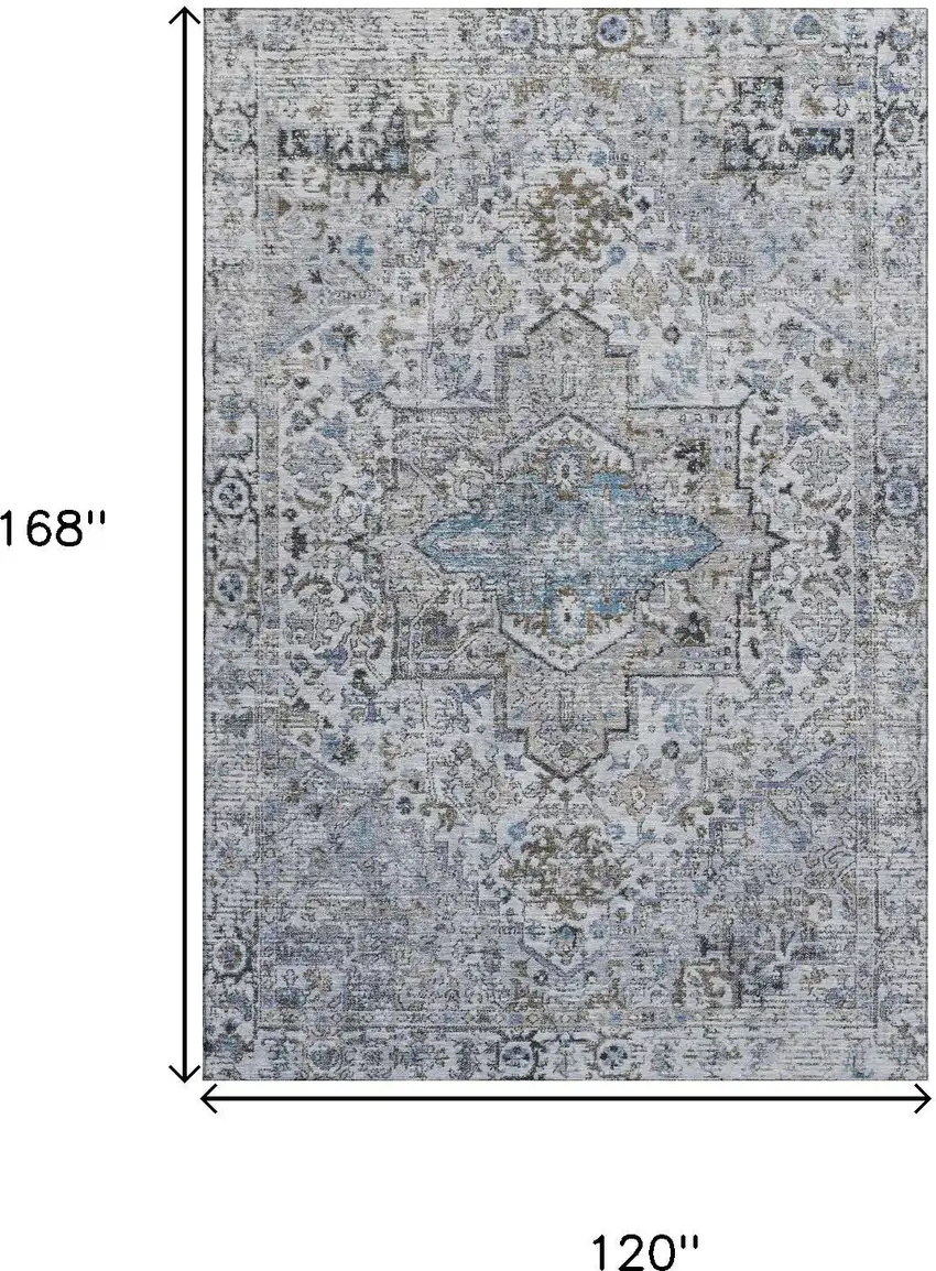 Linen And Blue Oriental Washable Area Rug With UV Protection Photo 9