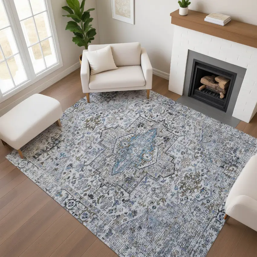 Linen And Blue Oriental Washable Area Rug With UV Protection Photo 3